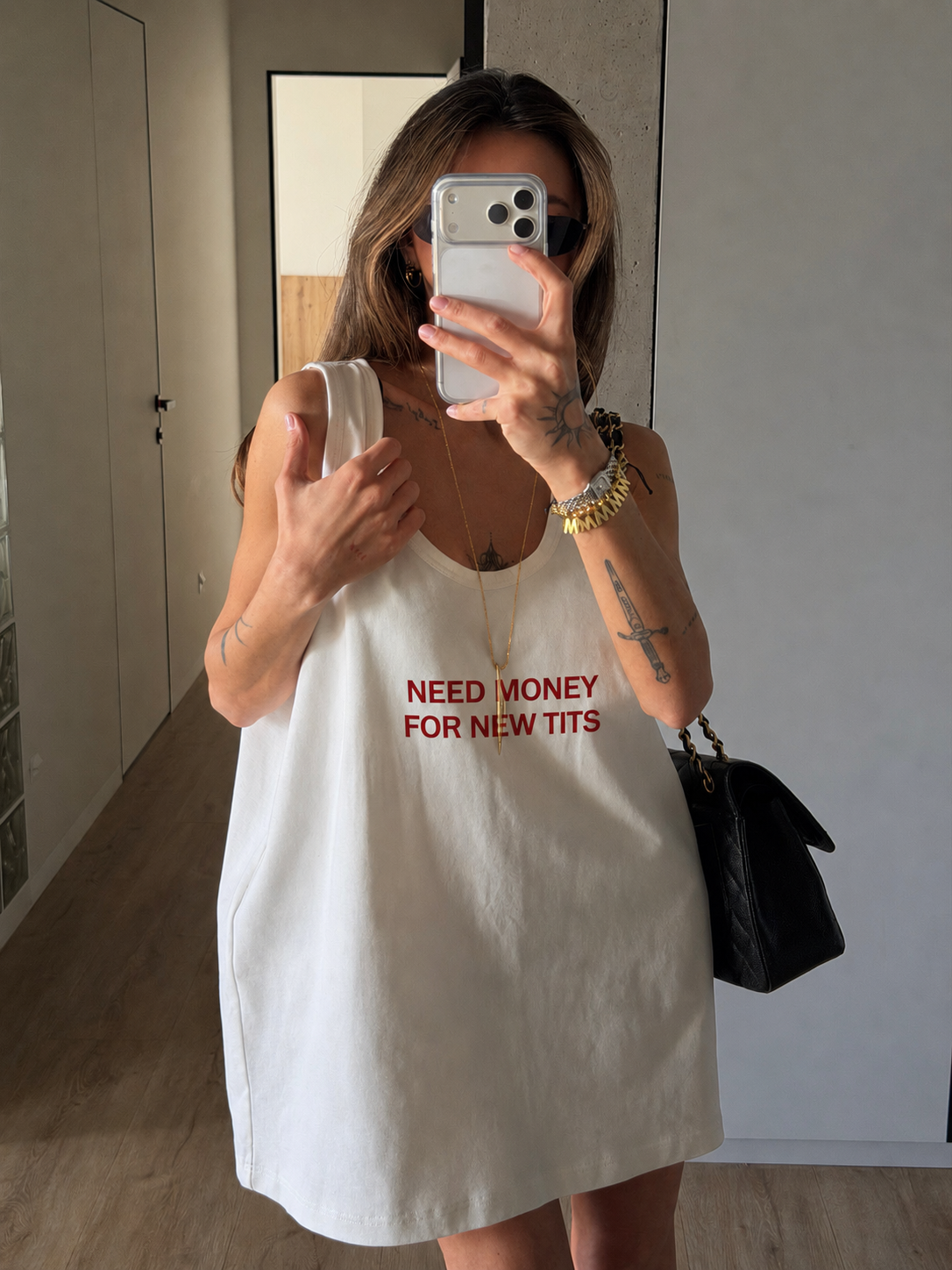 RELAXED TANK-DRESS “NEED MONEY FOR NEW TITS”