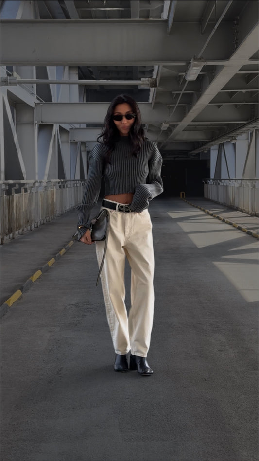 COTTON RAGGED CROP SWEATER GREY-GREEN