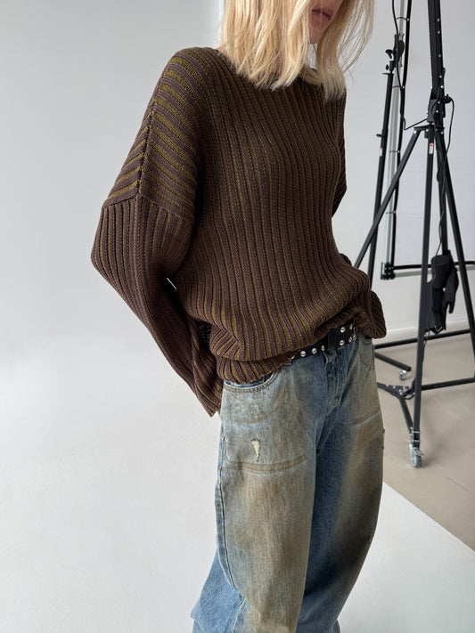 RAW DOUBLE NECK SWEATER CHOCOLATE/OLIVE