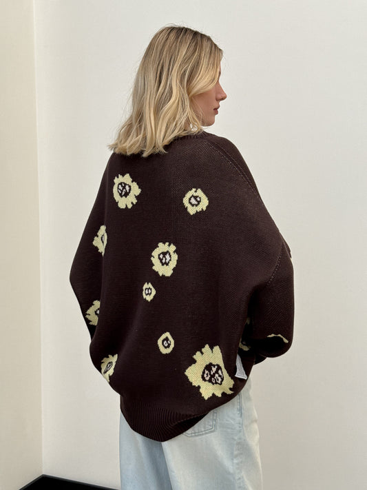 COTTON OVERSIZED FLORAL CARDIGAN CHOCOLATE/YELLOW
