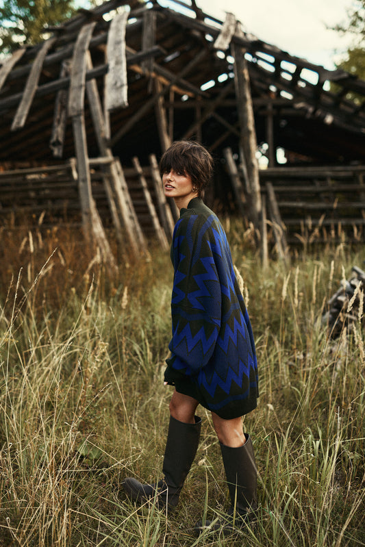 OVERSIZED CARDIGAN COUNTRY VILLAGE KHAKI/BLUE