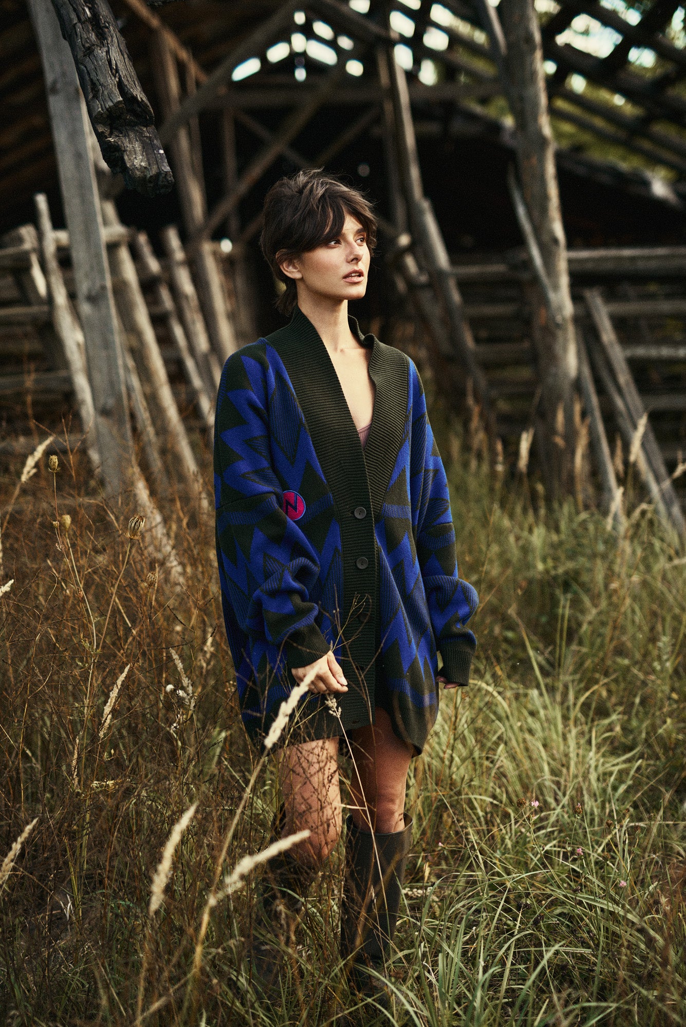 OVERSIZED CARDIGAN COUNTRY VILLAGE KHAKI/BLUE