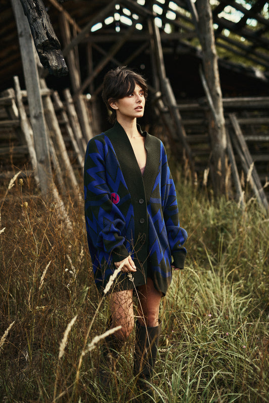 OVERSIZED CARDIGAN COUNTRY VILLAGE KHAKI/BLUE