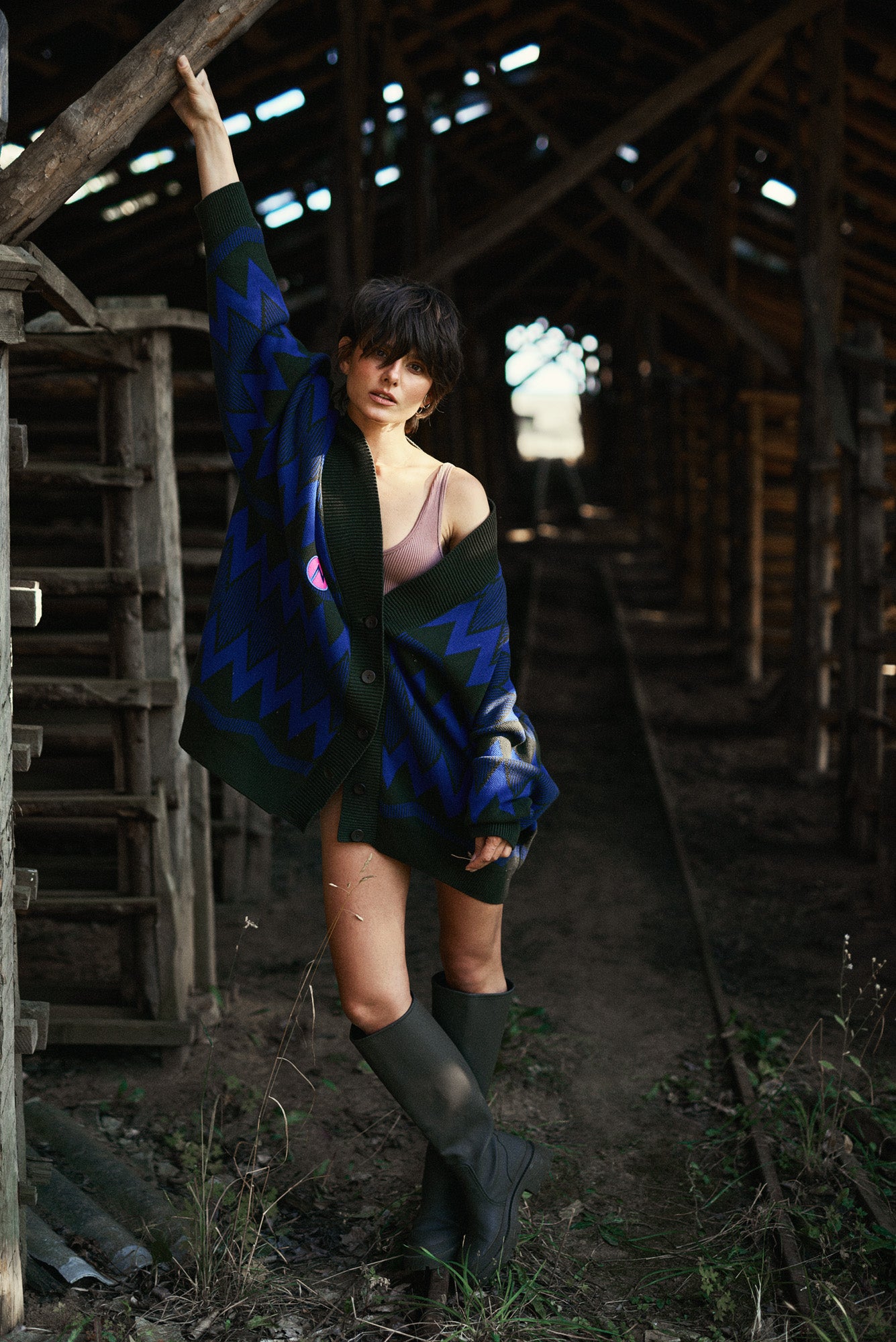 OVERSIZED CARDIGAN COUNTRY VILLAGE KHAKI/BLUE