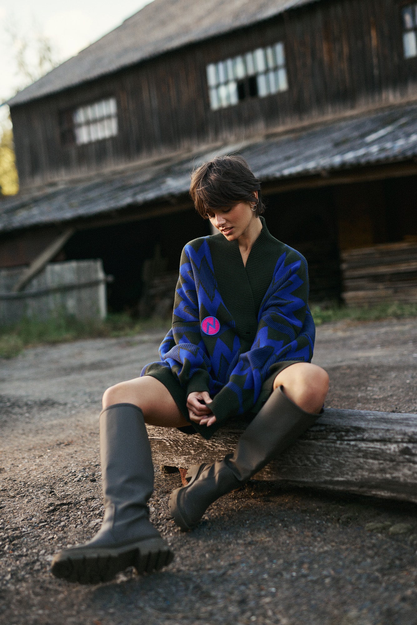 OVERSIZED CARDIGAN COUNTRY VILLAGE KHAKI/BLUE