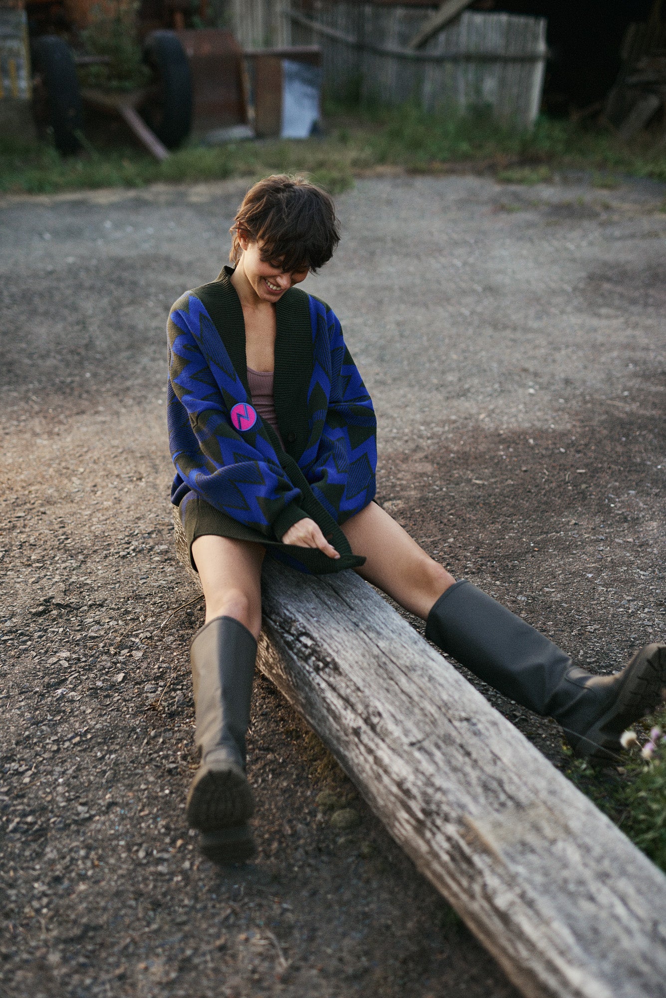 OVERSIZED CARDIGAN COUNTRY VILLAGE KHAKI/BLUE