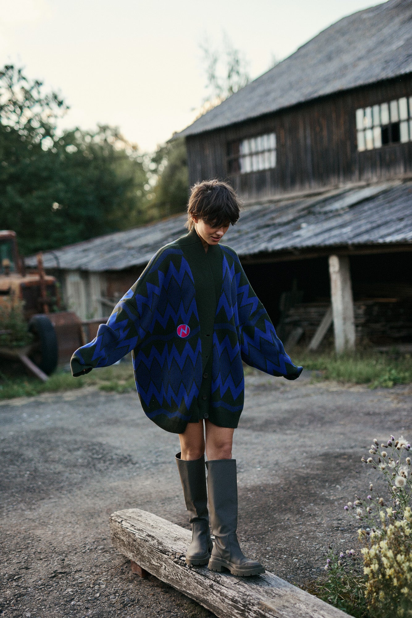 OVERSIZED CARDIGAN COUNTRY VILLAGE KHAKI/BLUE