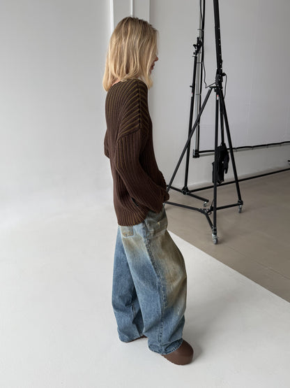 RAW DOUBLE NECK SWEATER CHOCOLATE/OLIVE