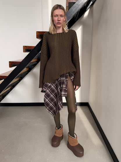 RAW DOUBLE NECK SWEATER CHOCOLATE/OLIVE