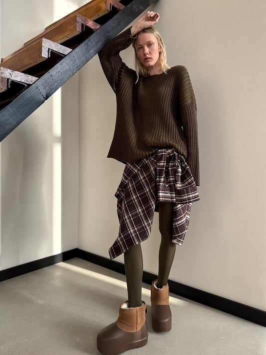 RAW DOUBLE NECK SWEATER CHOCOLATE/OLIVE