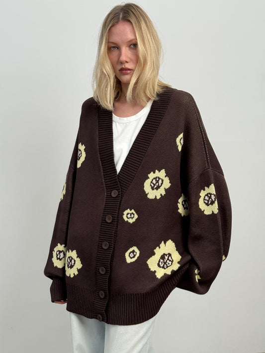 COTTON OVERSIZED FLORAL CARDIGAN CHOCOLATE/YELLOW