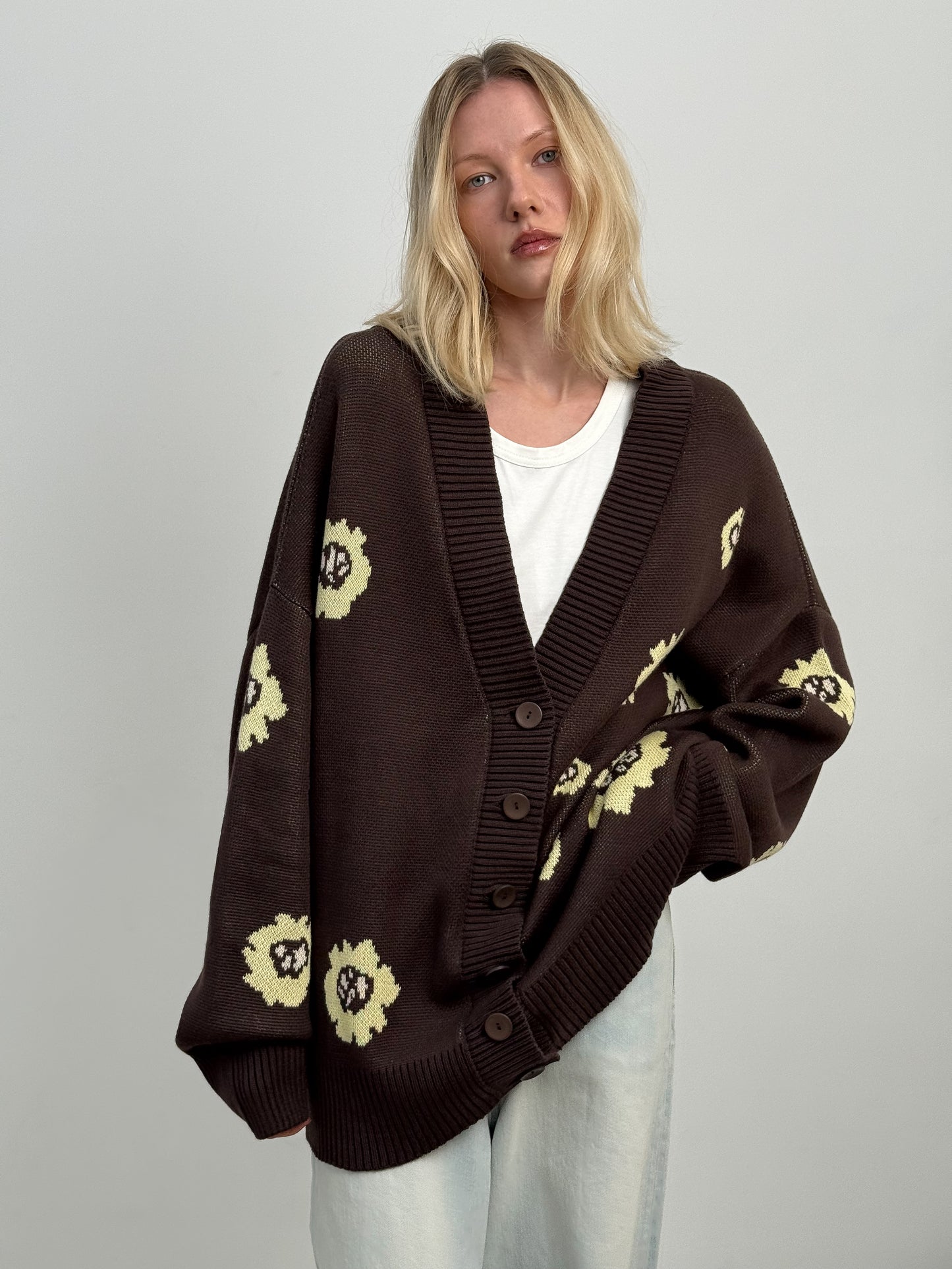 COTTON OVERSIZED FLORAL CARDIGAN CHOCOLATE/YELLOW