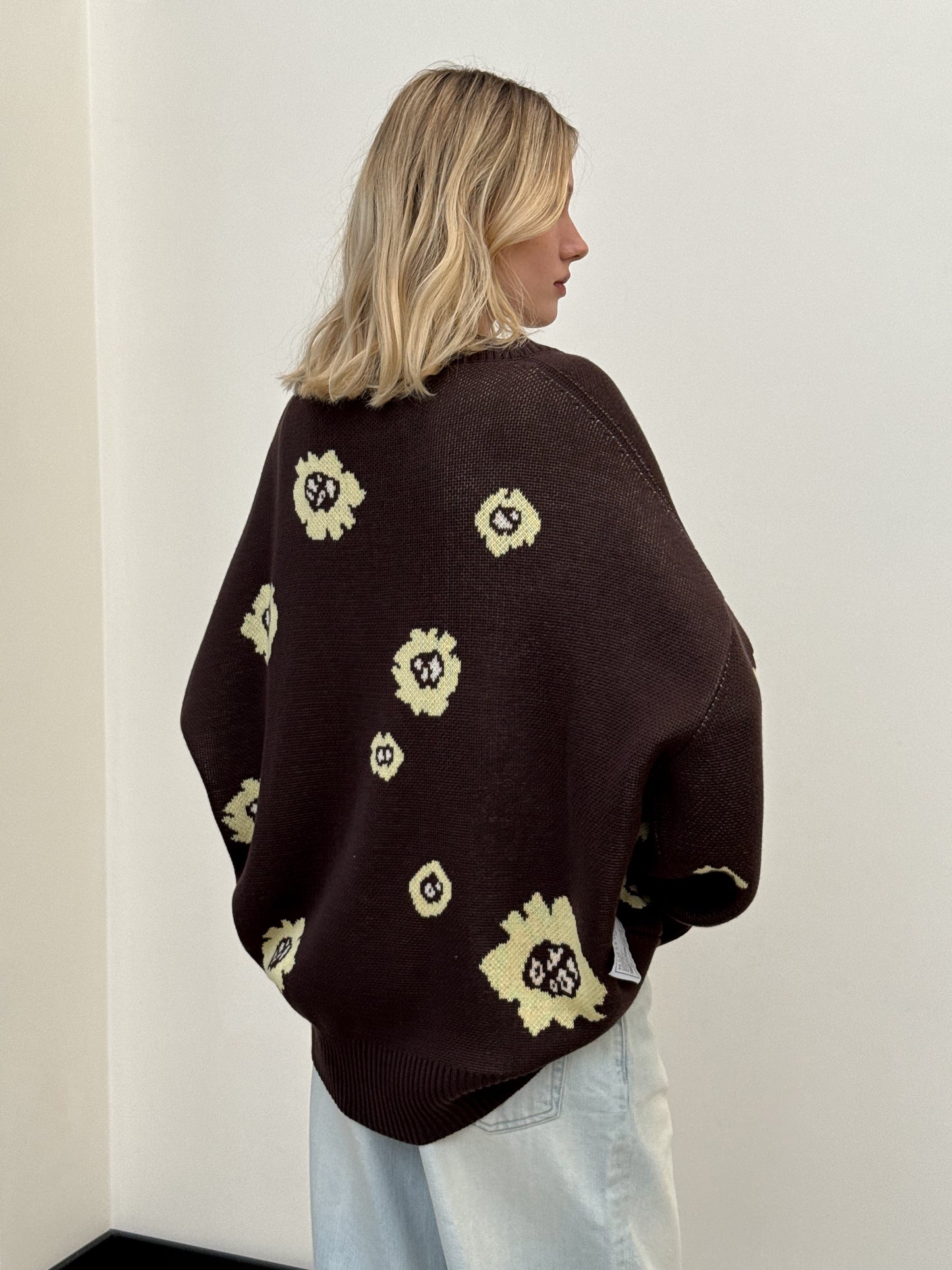 COTTON OVERSIZED FLORAL CARDIGAN CHOCOLATE/YELLOW
