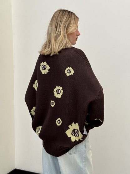 COTTON OVERSIZED FLORAL CARDIGAN CHOCOLATE/YELLOW