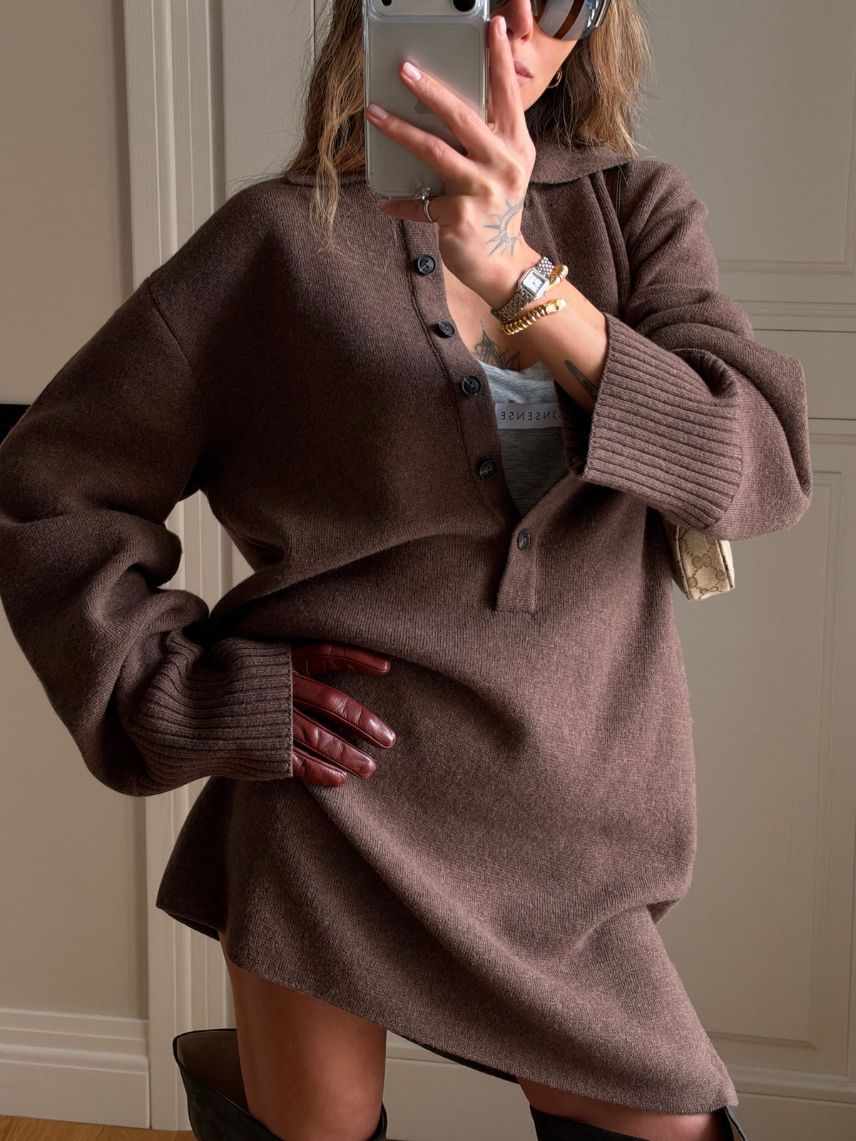 OVERSIZED POLO LAMB DRESS BROWN