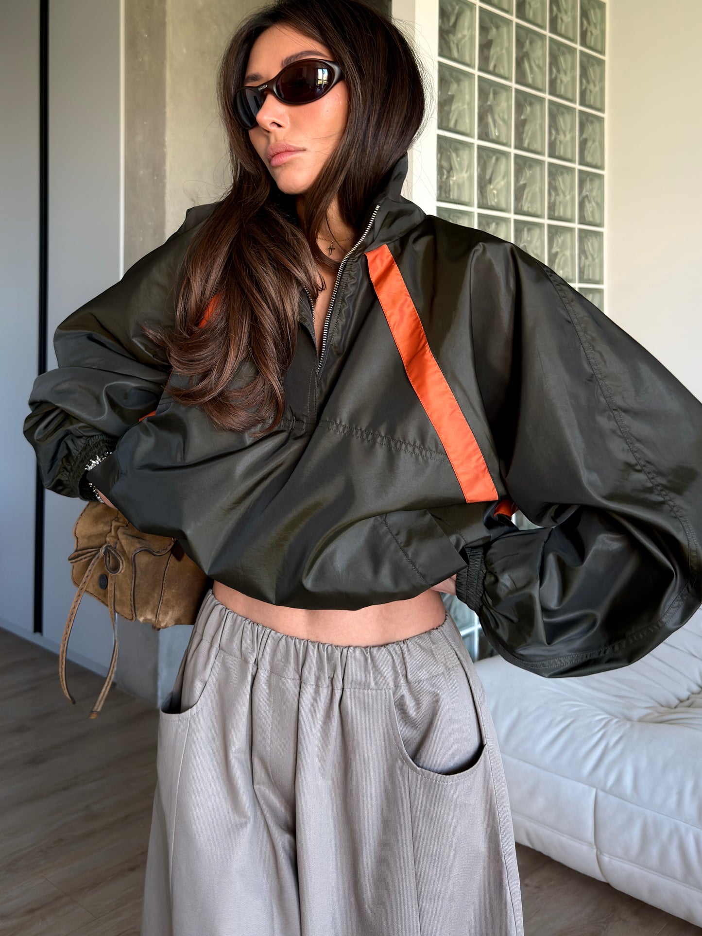 CROPPED WINDBREAKER IN NYLON FAILLE