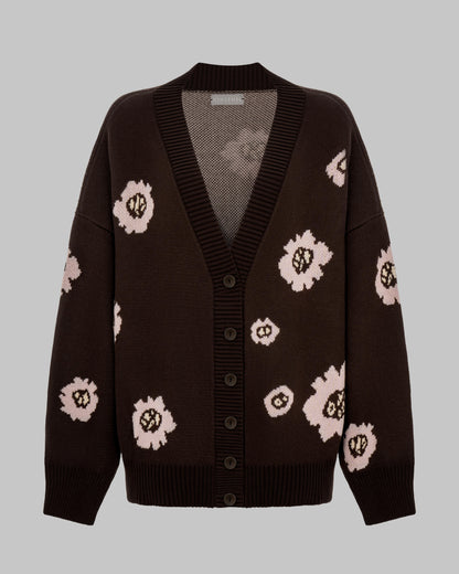 COTTON OVERSIZED FLORAL CARDIGAN CHOCOLATE