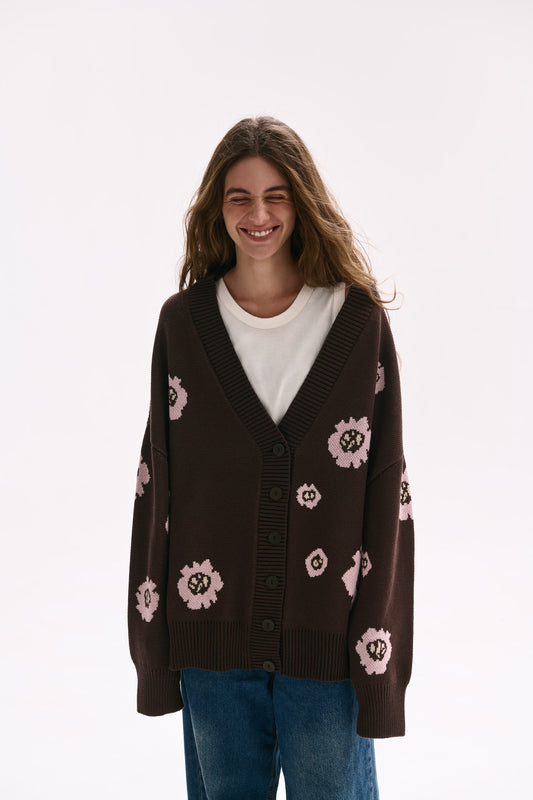 COTTON OVERSIZED FLORAL CARDIGAN CHOCOLATE