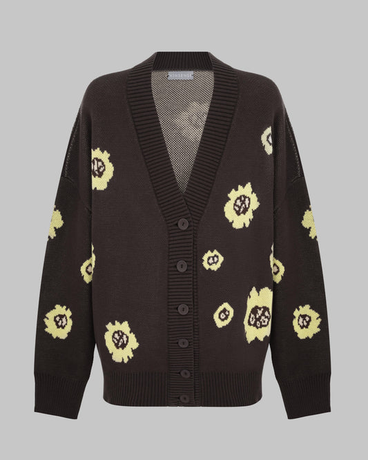 COTTON OVERSIZED FLORAL CARDIGAN CHOCOLATE/YELLOW
