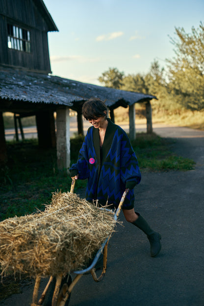 OVERSIZED CARDIGAN COUNTRY VILLAGE KHAKI/BLUE
