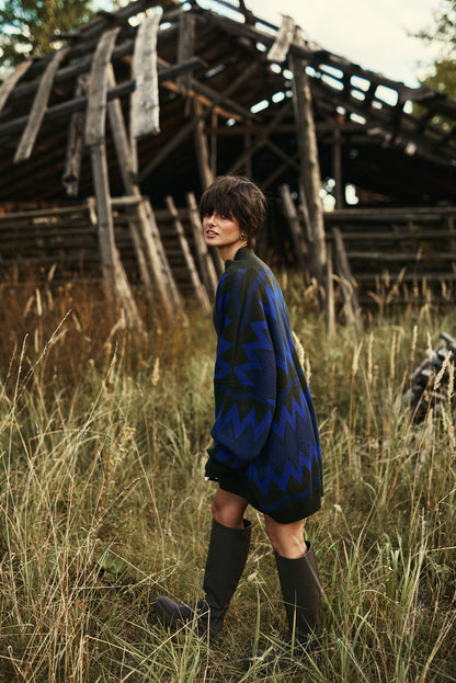 OVERSIZED CARDIGAN COUNTRY VILLAGE KHAKI/BLUE