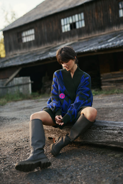 OVERSIZED CARDIGAN COUNTRY VILLAGE KHAKI/BLUE