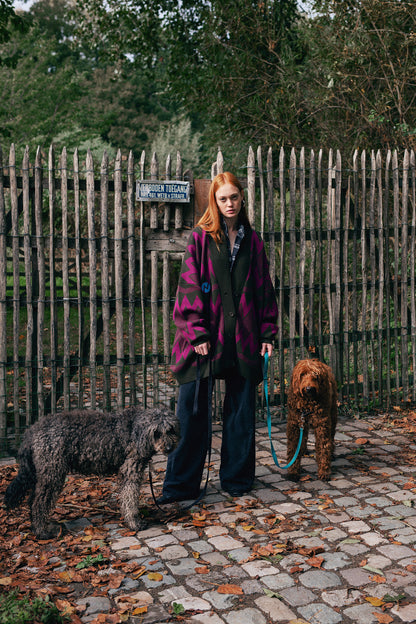 OVERSIZED CARDIGAN COUNTRY VILLAGE KHAKI/GRAPE